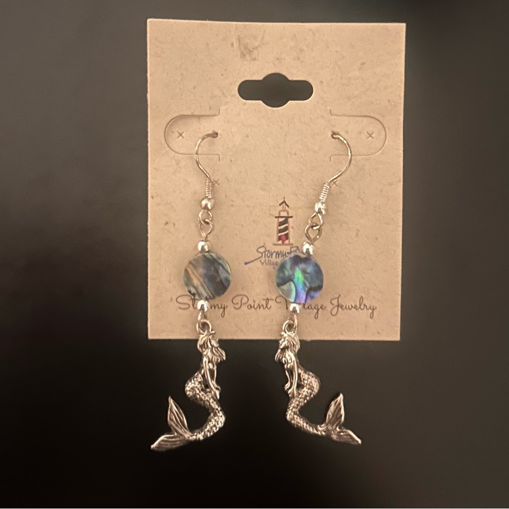 Silver Mermaid Earrings with Blue Abalone Accents